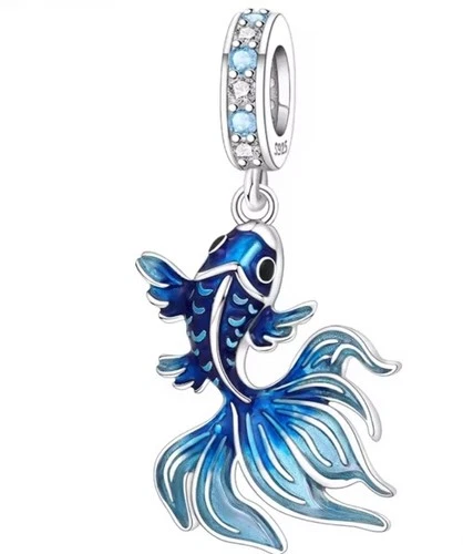 S925 Solid Sterling Silver Blue Scaled Fighting Fish Charm Fits Bracelet Moments