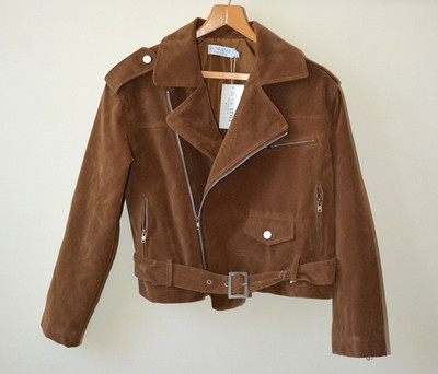 IN THE STYLE BROWN FAUX SUEDE ZIP POCKET BELT WITH BUCKLE BIKER JACKET SIZE 6