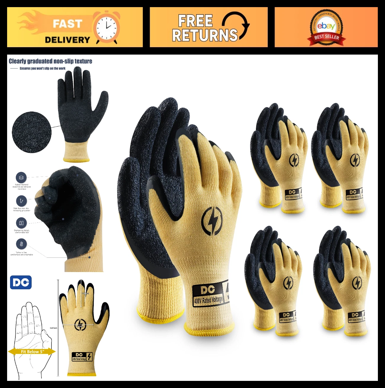 5 Pairs Insulated Electrician Gloves 400V Voltage Resistant Flame Retardant Non-