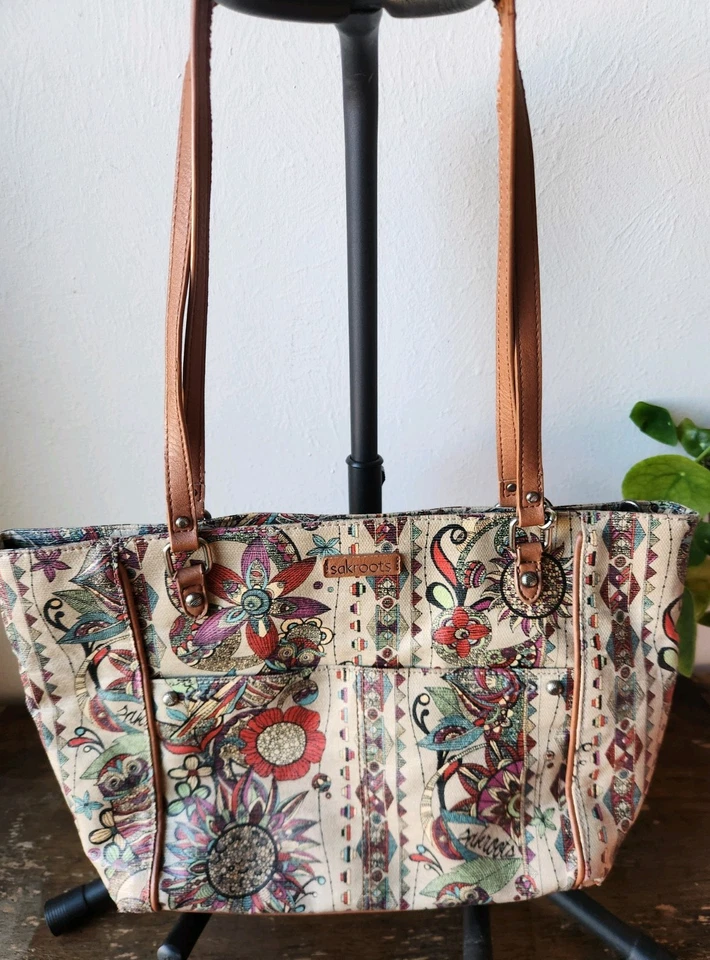 Sakroots Artist Circle Tote Bag Boho Floral Print Canvas with Owl Tassel Charm - Image 2 of 4
