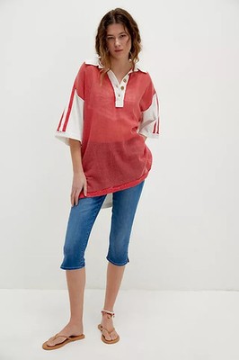 Free People We The Free Karlie Polo Oversized Mesh Button Tunic Relaxed Top M