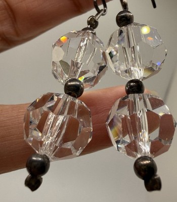 ANTIQUE ART DECO ROCK CRYSTAL STERLING SILVER DANGLE EARRINGS Estate Jewelery