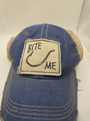 ''Bite Me'' Distressed Trucker Hat Royal Blue Snapback Unisex Cap 