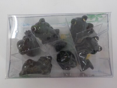 GLASS FROG FIGURINES SET OF 6 DARK GREEN 1 INCH TALL MICRO MINI DIFFERENT POSES