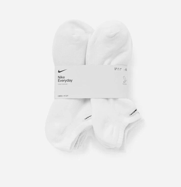 Nike Everyday Dri-Fit Cotton Cushioned 6-Pack No Show White Socks Size XL