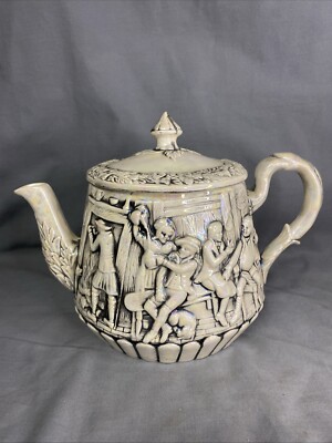 Majolica Vintage Tam O Shanter Ceramic Teapot Witch & Tavern Pub Embossed Scene