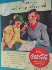 1940 Coca-Cola Bottle Ad "Pause And Shop Refreshed" Vintage promo print ad