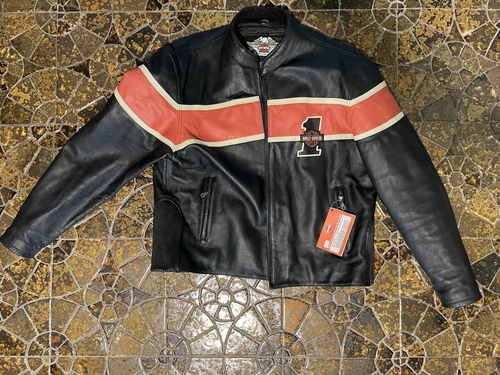 Harley Davidson Men VICTORY LANE Leather Jacket Orange Stripe #1 Racing XXL - Picture 2 of 7