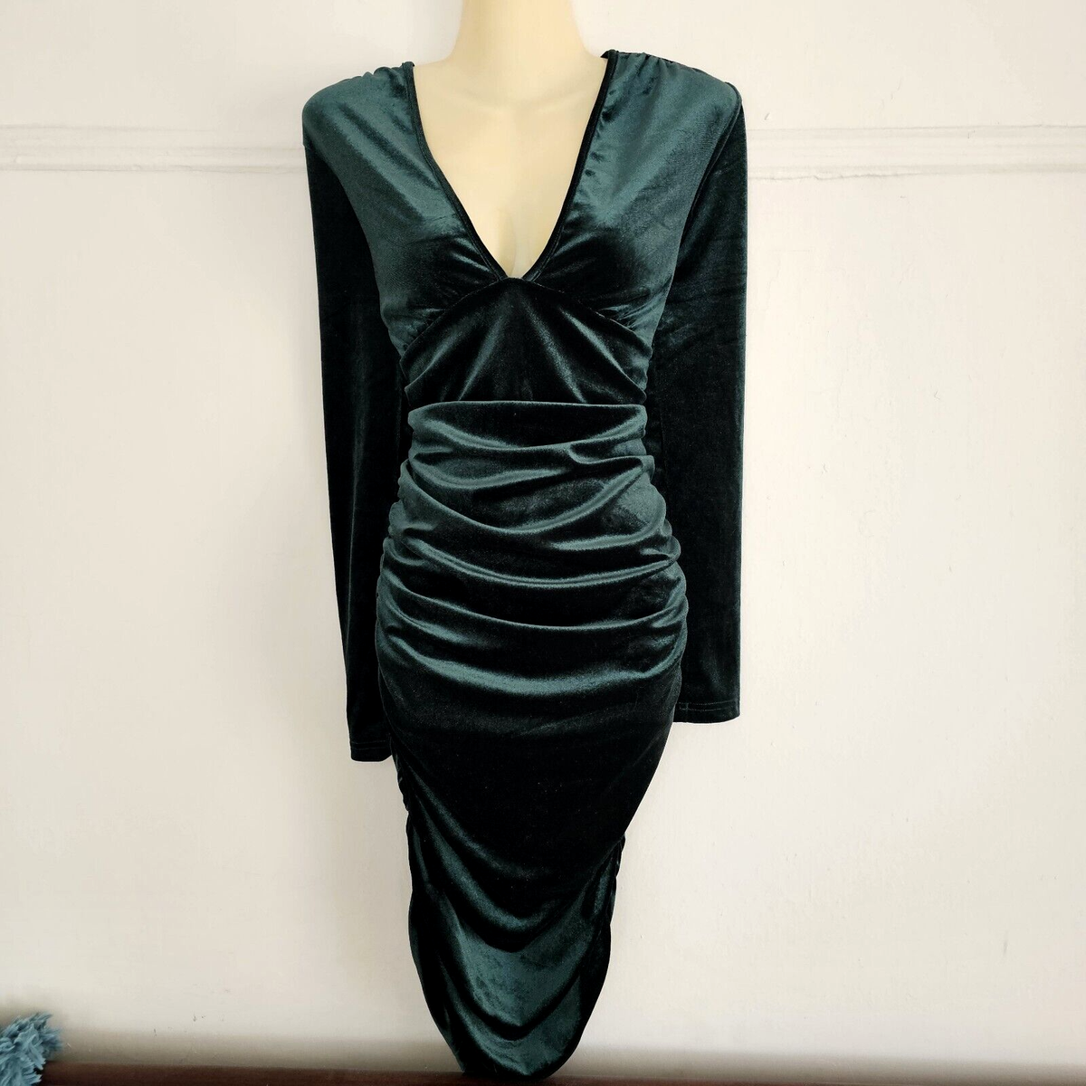 deep v neck ruched velvet bodycon dress Shein Dark Green BAE Deep V Neck Ruched Velvet Bodycon Dress Size S 4 NWT