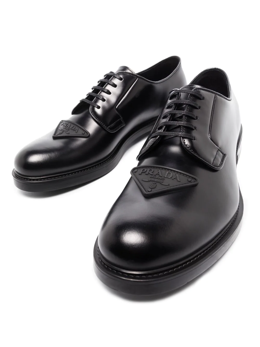Prada Black Brushed Leather Triangle Logo Classic Loafer SlipOn Flat UK 12 US 13 Prada Black Brushed Leather Triangle Logo Derby Loafer Lace  main image 4