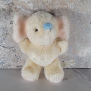 VINTAGE EDEN TOYS PALE YELLOW BLUE NOSE ELEPHANT RATTLE LOVEY PLUSH ANIMAL 