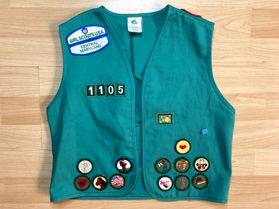 Vintage Green Girl Scout Vest Patches Pins Badges Central Maryland USA