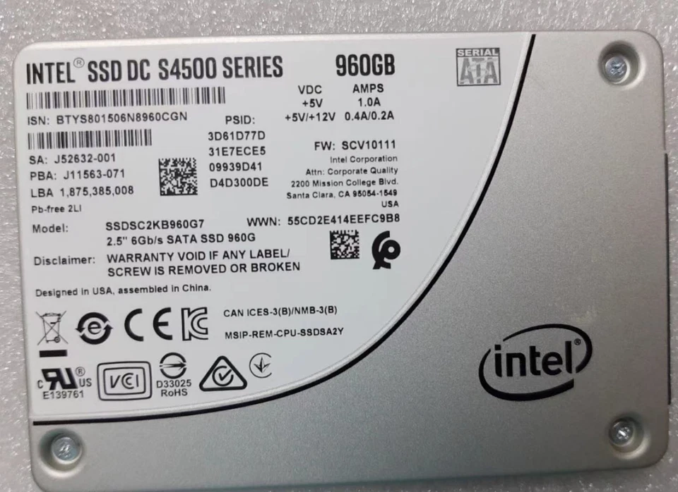 Intel DC S4500 Series 960GB SATA 6Gb TLC 2.5" SSDSC2KB960G7 SSD FW SCV10142 New - Image 2 of 3