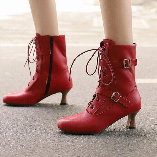 Womens Chic Shoes Round Toe Lace Up Buckle Straps Mid Heel Ankle Boots - Picture 5 of 31
