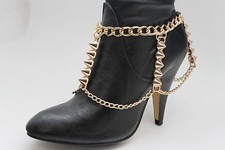 Women Gold Metal Thick Chain Boot Bracelet Western High Heels Shoe Charm Spikes