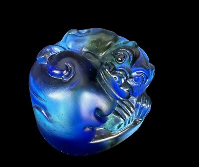 Handcrafted New Workshop Blue Glass Foo Dog Sculpture Signed 1997 Unique Art