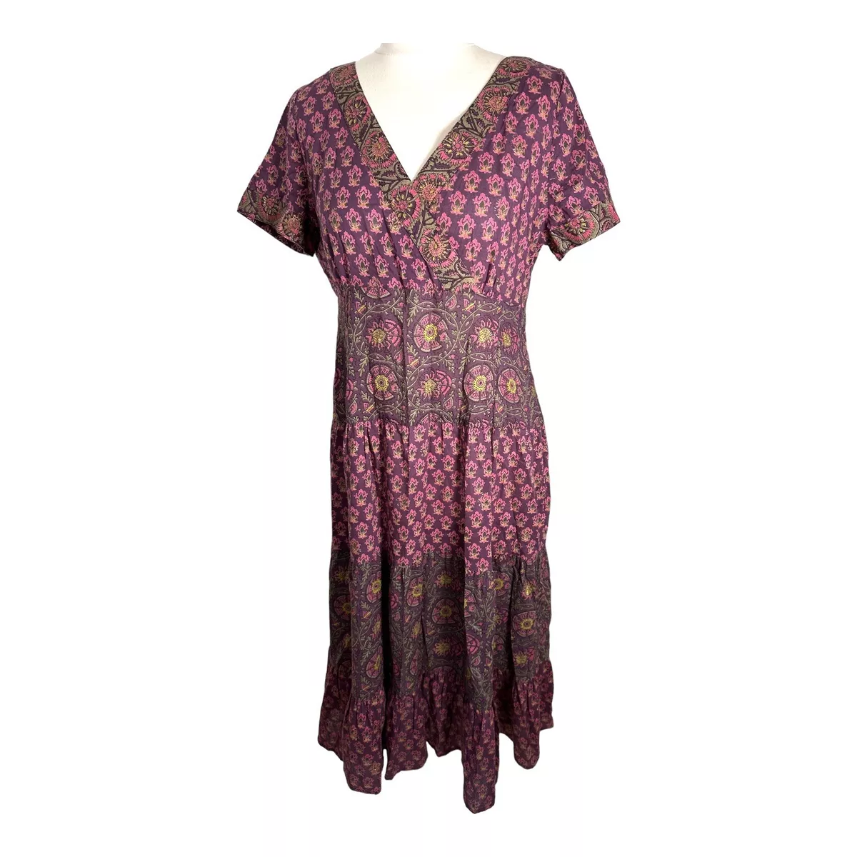 Anokhi for East Purple pink block Gold Boho Ethnic Indian Cotton Tiered Dress 12