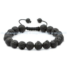 Natural 10mm Black Volcanic Lava Gemstone Round Beads Adjustable Bracelet 7.5"