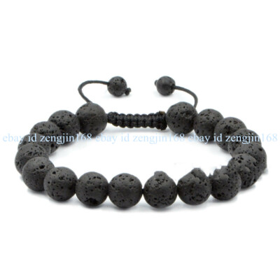 Natural 10mm Black Volcanic Lava Gemstone Round Beads Adjustable Bracelet 7.5''