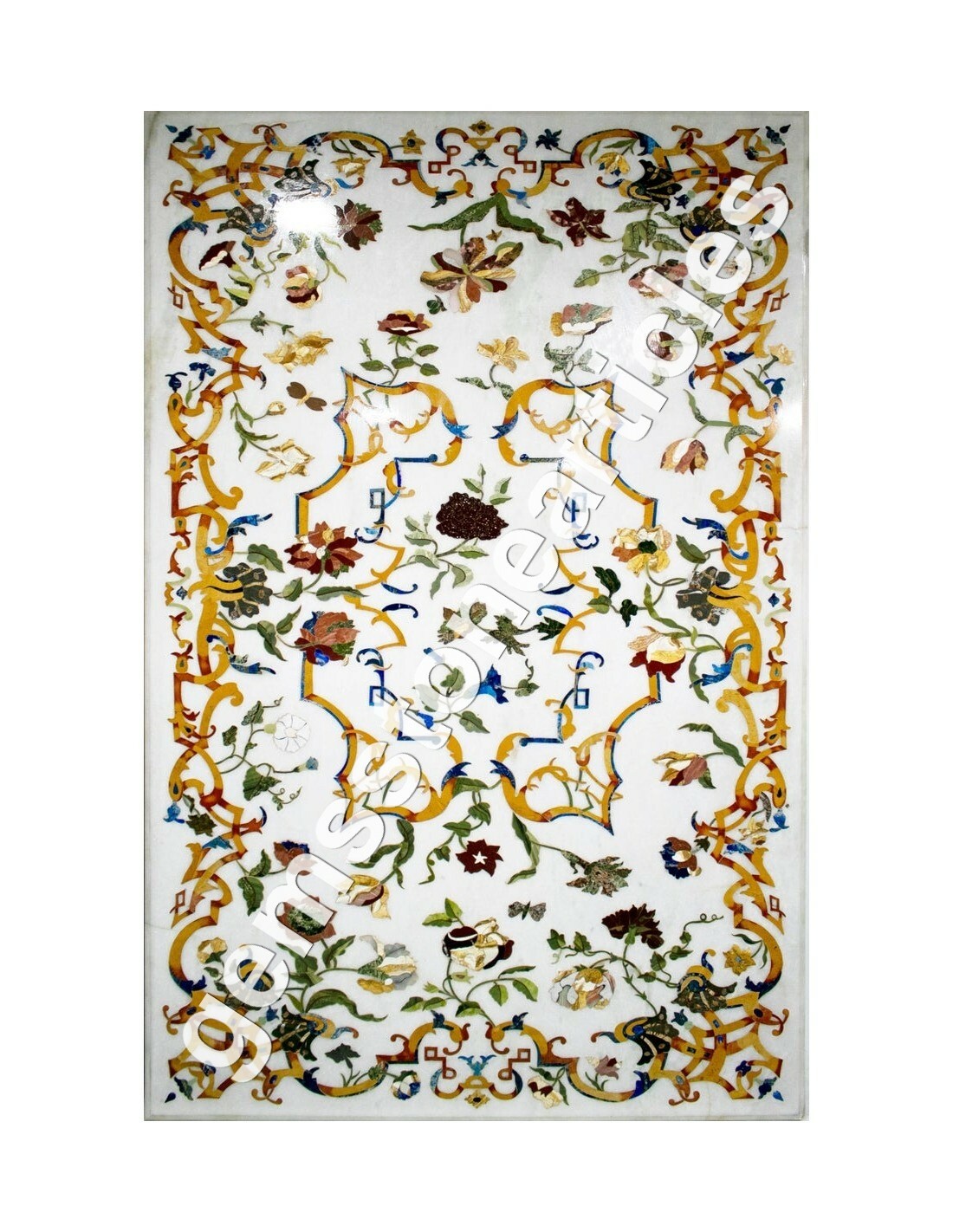 60x36 White Marble Dining Table with Semi-Precious Pietradura Stone Inlay Decor