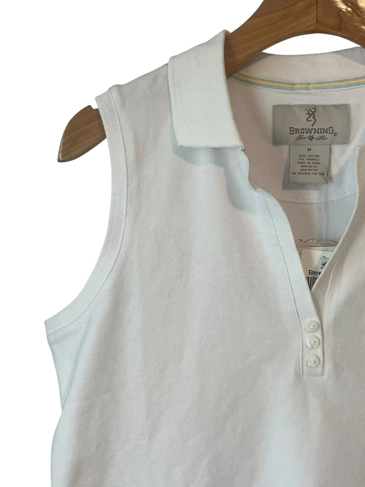 Camisa regata feminina Browning sem mangas M branca gola V gola alta com botão nova com etiquetas - Imagem 2 de 4