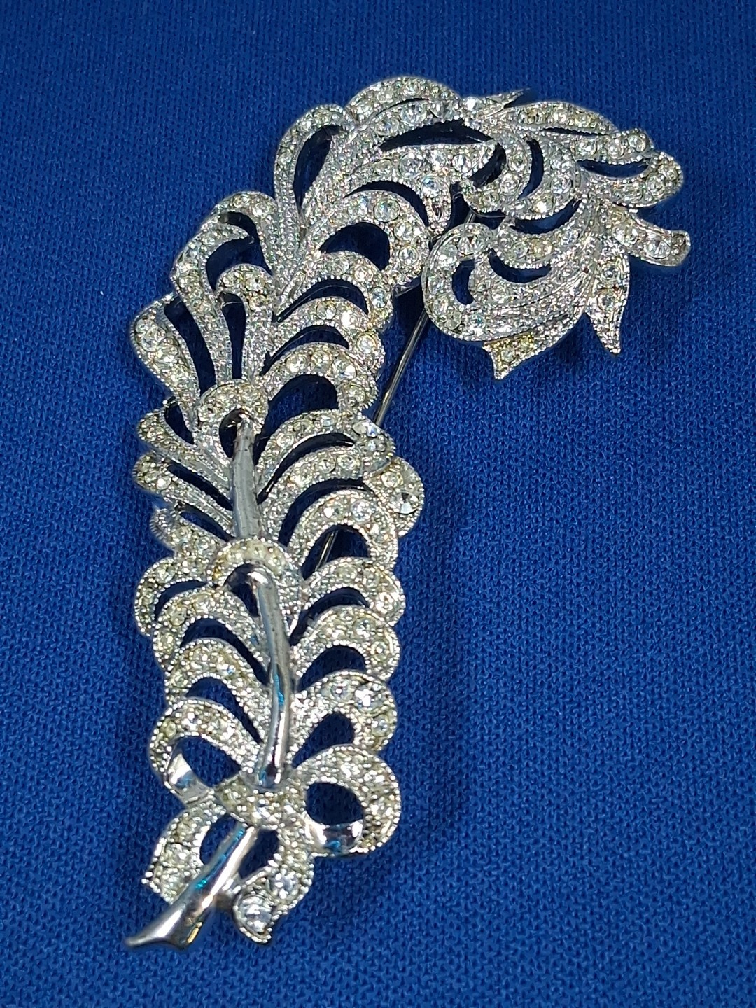 Vintage Silver Rhinestone Feather Plume Signed KJ… - image 1