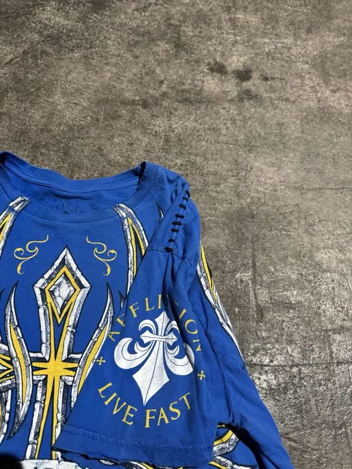 Y2K Affliction Wings Skull Gothic Grunge T Shirt Blue Yellow XL Mens Punk - Image 3 of 4