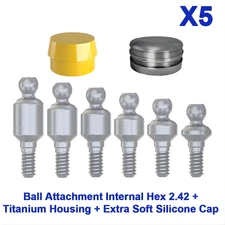 5x Dental Ball Attachment Kit & Extra Soft Silicone Cap & Housing Int Hex RP