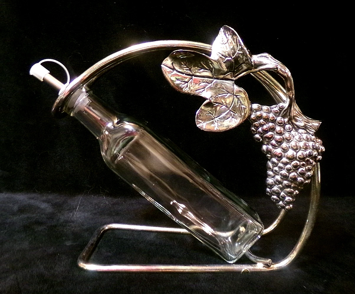 CLEAR GLASS OLIVE OIL BOTTLE w/CAST ALUMINUM CADDY - GRAPEVINE MOTIF