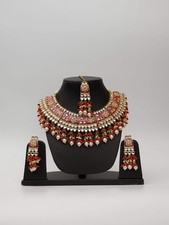 Red Meenakari Kundan Pearl Necklace Set with Earrings Mang Tikka.