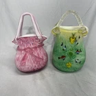 Murano Style Vintage Hand Blown Art Glass Purse Shaped Vases - Set of 2- 9" Tall