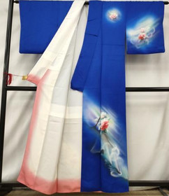 Cobalt Camellia LONG Vintage Hand Paitned Japanese Silk Kimono Robe Dress 8477