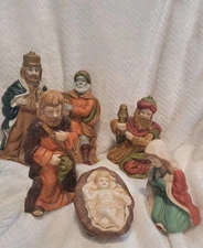 Vintage Hand Painted Christmas Nativity Porcelain SIX Piece  Dynasty Set Manger