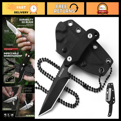Compact Tanto Neck Knife - Fixed Blade EDC with Kydex Sheath & Clip, D2 Steel, G