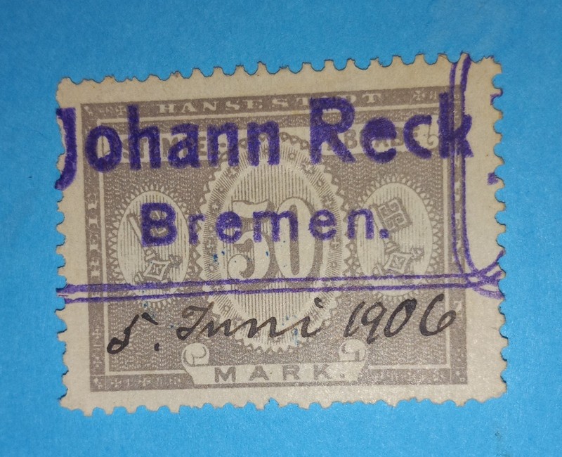 + 1894 Bremen Germany Arms Key 50 Mark Revenue Documentary Bob Johann Reck 1906