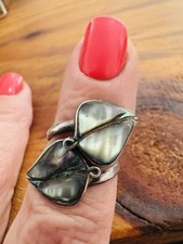 VINTAGE 925 STERLING SILVER ABALONE MOP SHELL INLAY WRAP LEAF RING AXCOFSM 4