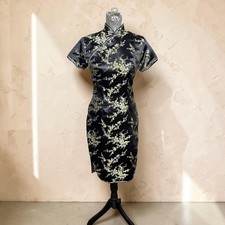 Black Gold Floral Silk Cheongsam Mandarin Collar Qipao Maxi Dress Size 36 Party