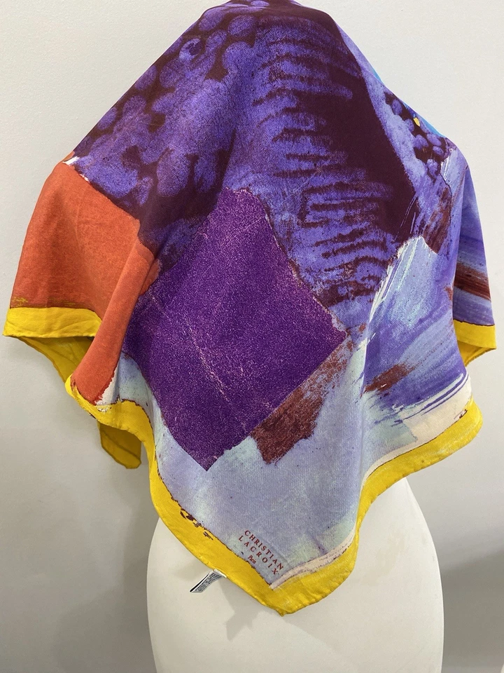 S49#Bufanda de seda Christian Lacroix - Retro estampado floral y geométrico 34 pulgadas Foto 4 de 4