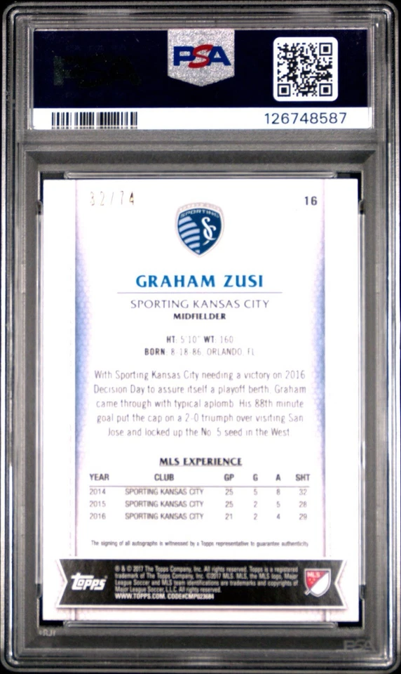 Graham Zusi 2017 Topps MLS #16 Autograph 32/74 SP PSA 9 Sporting KC & USMNT - Image 2 of 3