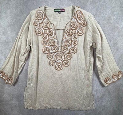 Key Lime & Pink Womens 100% Linen Beaded Rosette Tunic Top M