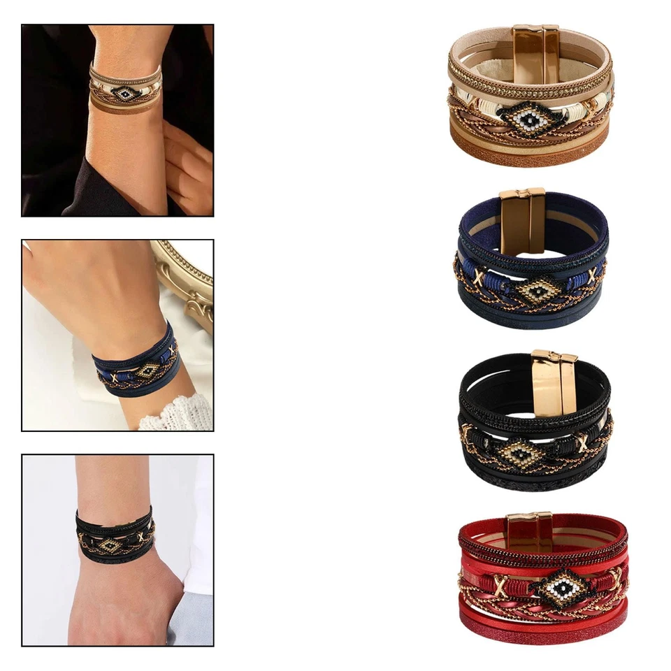 Bracelet Manchette Bracelet Multirangs Bracelet Cuir PU Bracelet Ethnique Perle - Photo 1/1