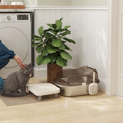 PawHut Edelstahl Katzentoilette, Katzentoilette mit Deckel, Pedal, Schaufel