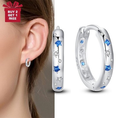 PANDACH 925 Sterling Silver CZ Star & Moon Tiny Huggie Hoop Earrings For Women