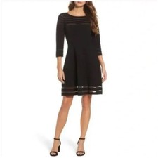 New Eliza J Black Knit Dress Size Medium Long Sleeve Ballet Neckline Illusion