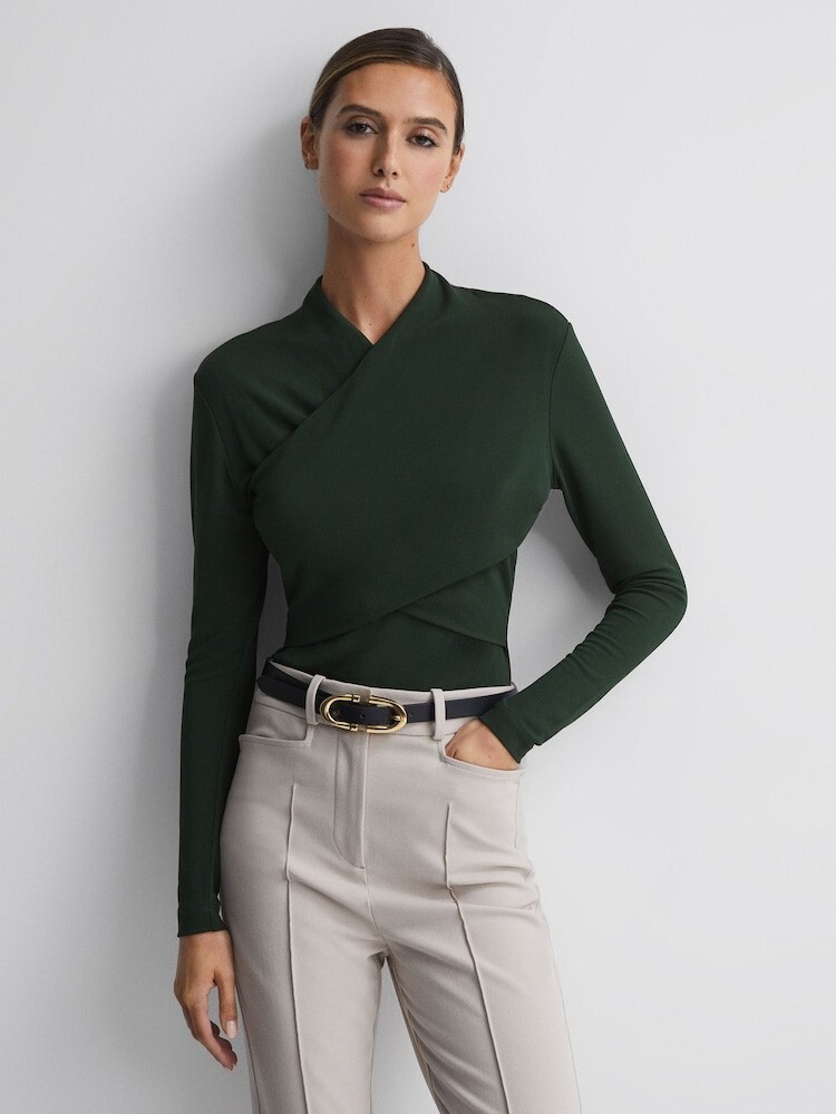 REISS Ellie Fitted Long Sleeve Wrap Top in Green Size L UK