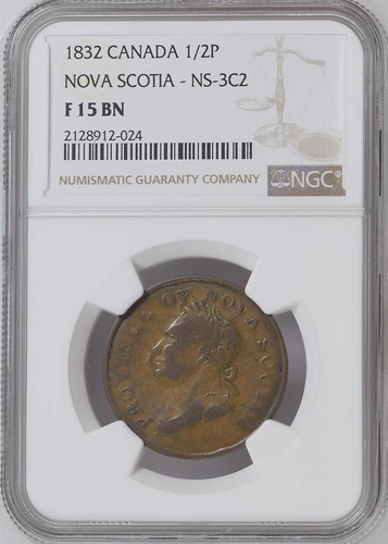 1832 Canada 1/2 Penny Token. Nova Scotia NS-3C2. NGC F 15 BN.