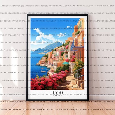 Symi Hafen Griechenland Druck ungerahmt Illustration Kunst für mediterran Symi Deko