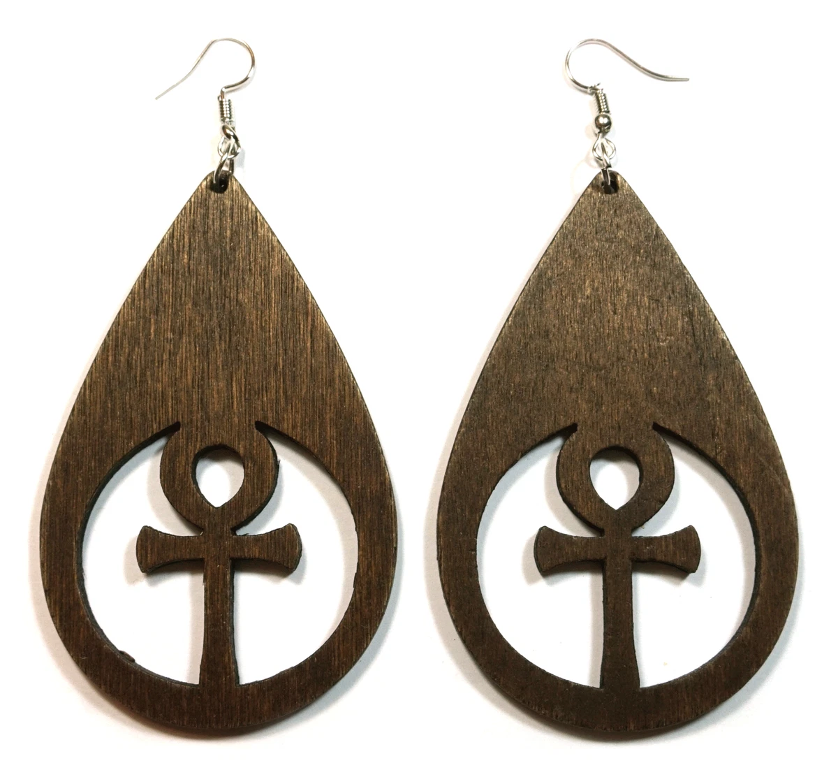 TB Teardrop Egyptian Ankh Cross Wood Engraved Ancient Symbol of Life Earrings