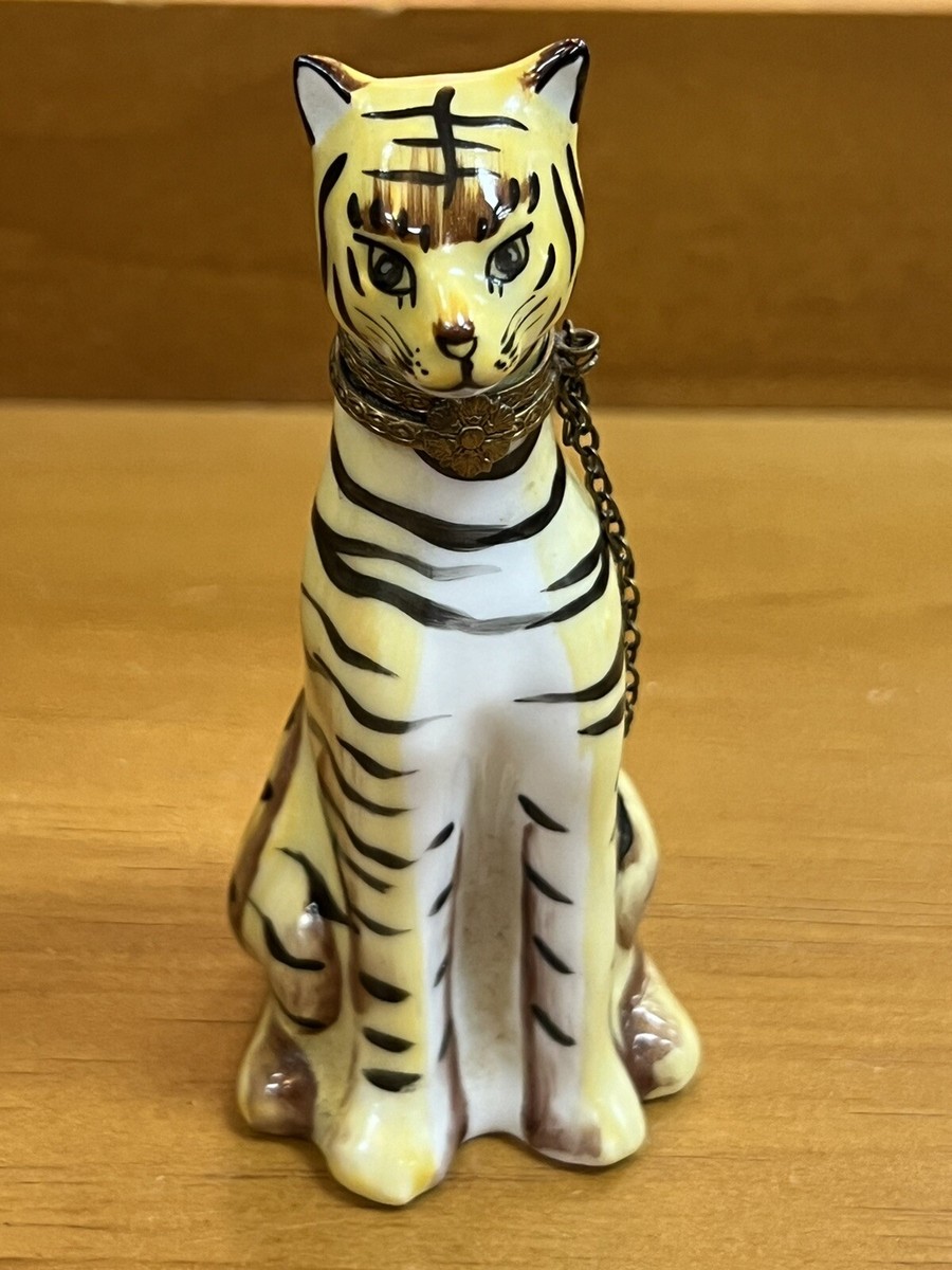 Limoges porcelain Tiger Cat Trinket box hinged chain hand painted