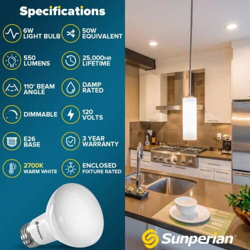 Sunperian 6 Pack BR20 LED Flood Bulb 6W 2700K Warm White 550lm Dimmable E26 - Picture 7 of 7